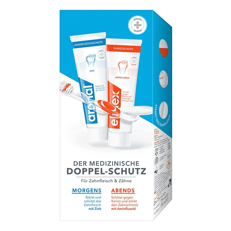 aronal und elmex Doppel-Schutz Zahncreme 2 x 75 ml | خمیردندان آرونال و المکس، بسته صبح و شب